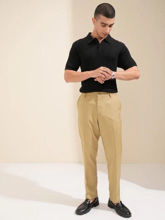 Men Khaki Slim Fit Solid Formal Trouser