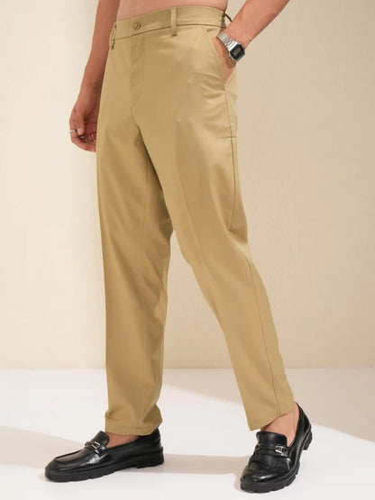 Men Khaki Slim Fit Solid Formal Trouser