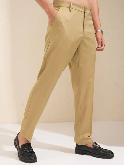 Men Khaki Slim Fit Solid Formal Trouser