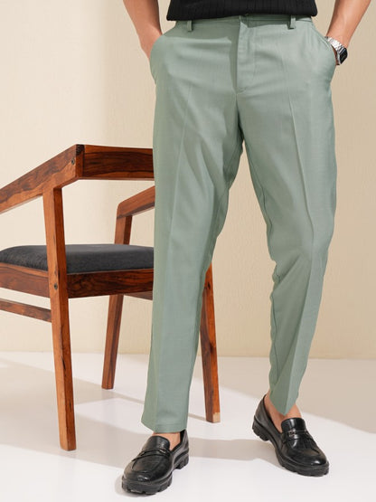 Men Olive Slim Fit Solid Formal Trouser