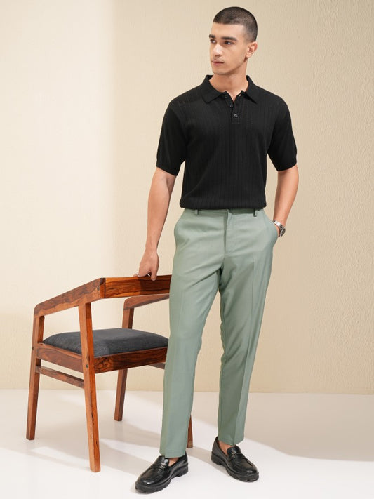 Men Olive Slim Fit Solid Formal Trouser