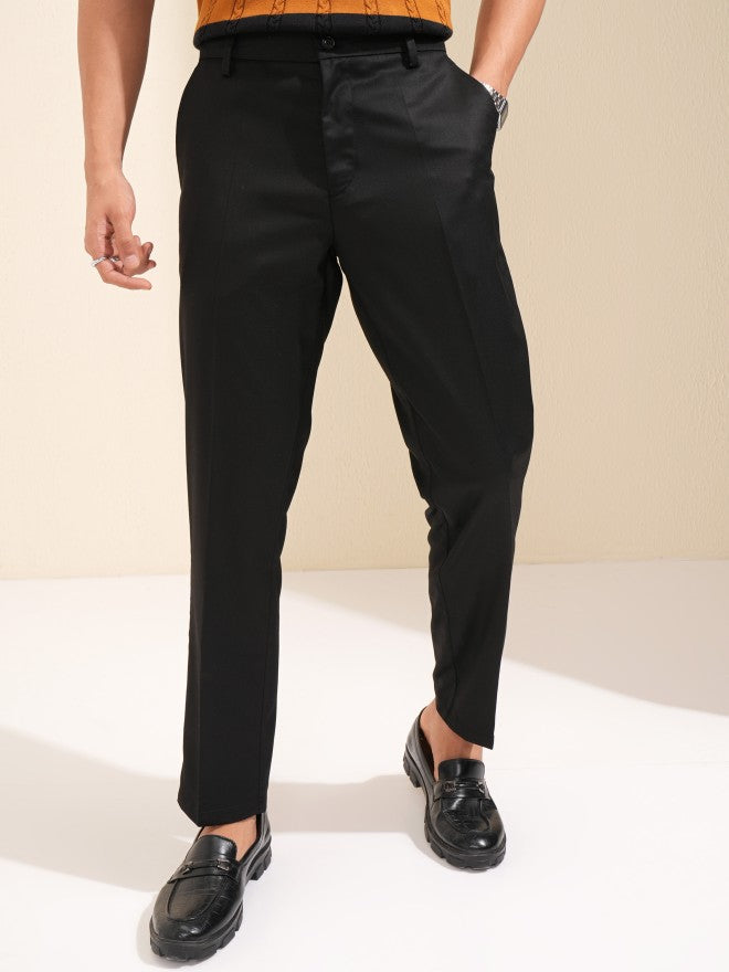 Men Black Slim Fit Solid Formal Trouser