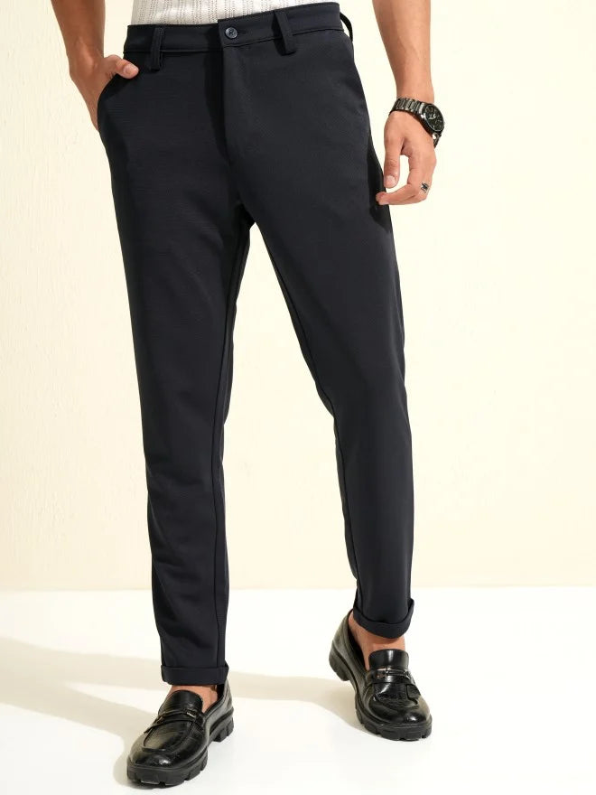 Men Navy Slim Fit Solid Formal Trouser