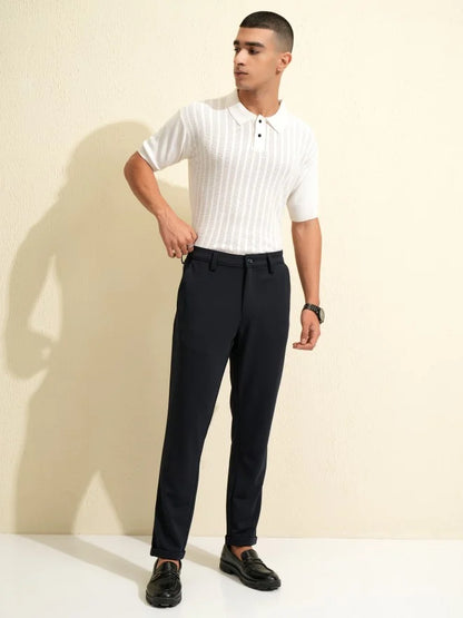 Men Navy Slim Fit Solid Formal Trouser