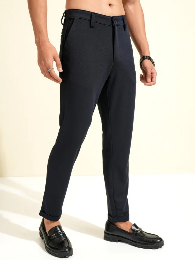 Men Navy Slim Fit Solid Formal Trouser