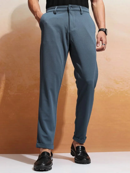 Men Blue Slim Fit Solid Formal Trouser