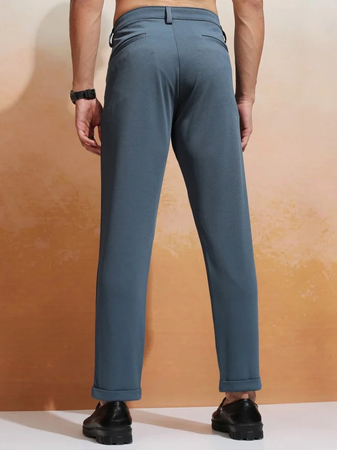 Men Blue Slim Fit Solid Formal Trouser