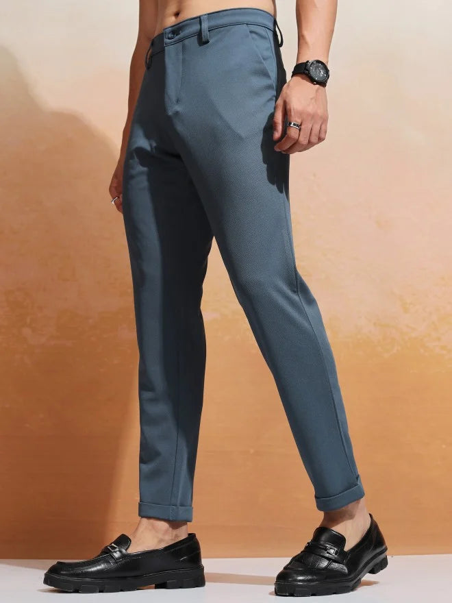 Men Blue Slim Fit Solid Formal Trouser