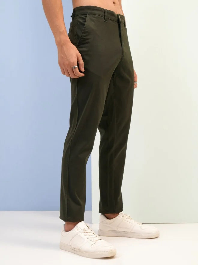 Men Green Tapered Fit Solid Casual Trousers Chinos