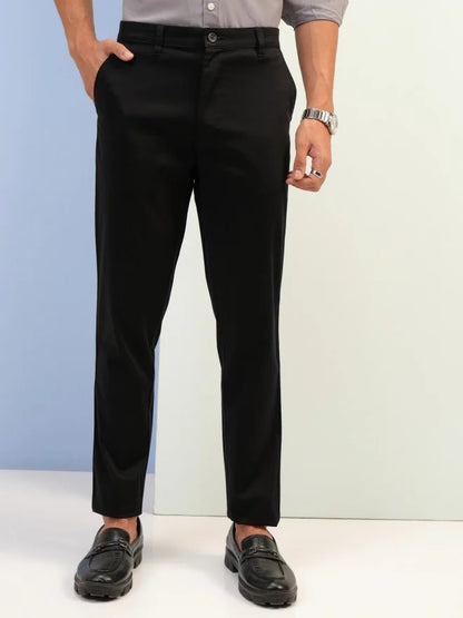 Men Black Tapered Fit Solid Casual Trousers Chinos