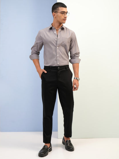 Men Black Tapered Fit Solid Casual Trousers Chinos