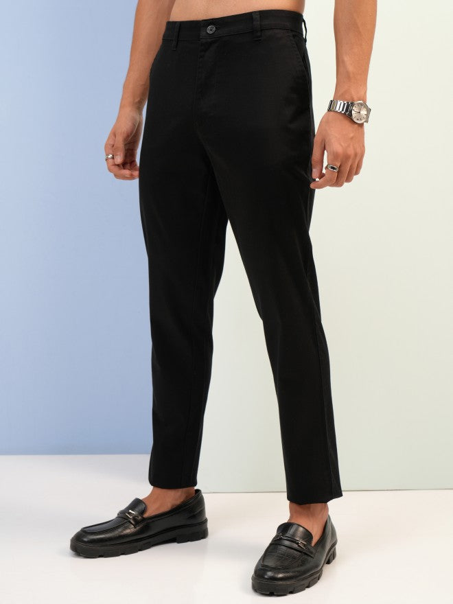 Men Black Tapered Fit Solid Casual Trousers Chinos