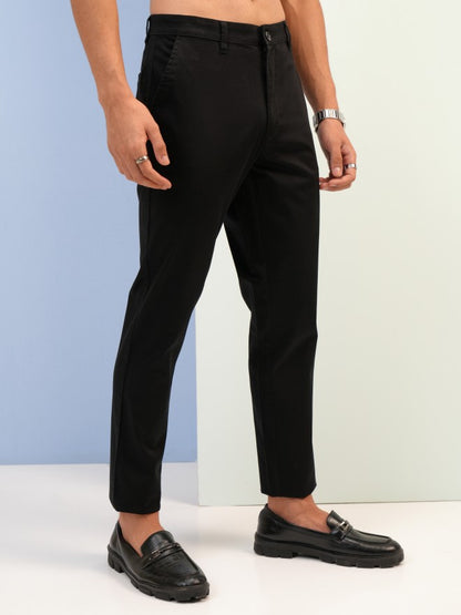 Men Black Tapered Fit Solid Casual Trousers Chinos